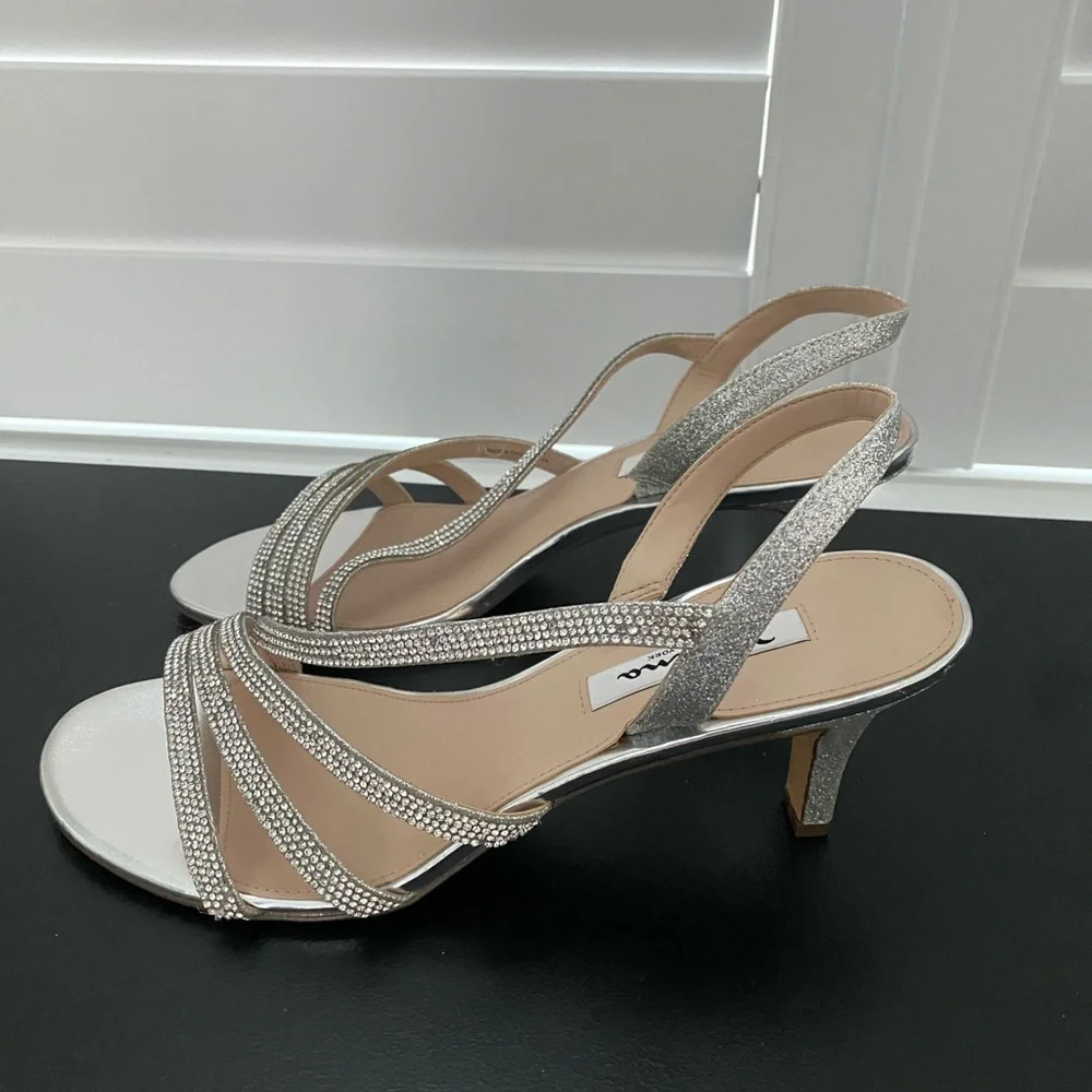 Nina New WOMENS SILVER GLITTER CRYSTAL SLINGBACK MID-HEEL EVENING